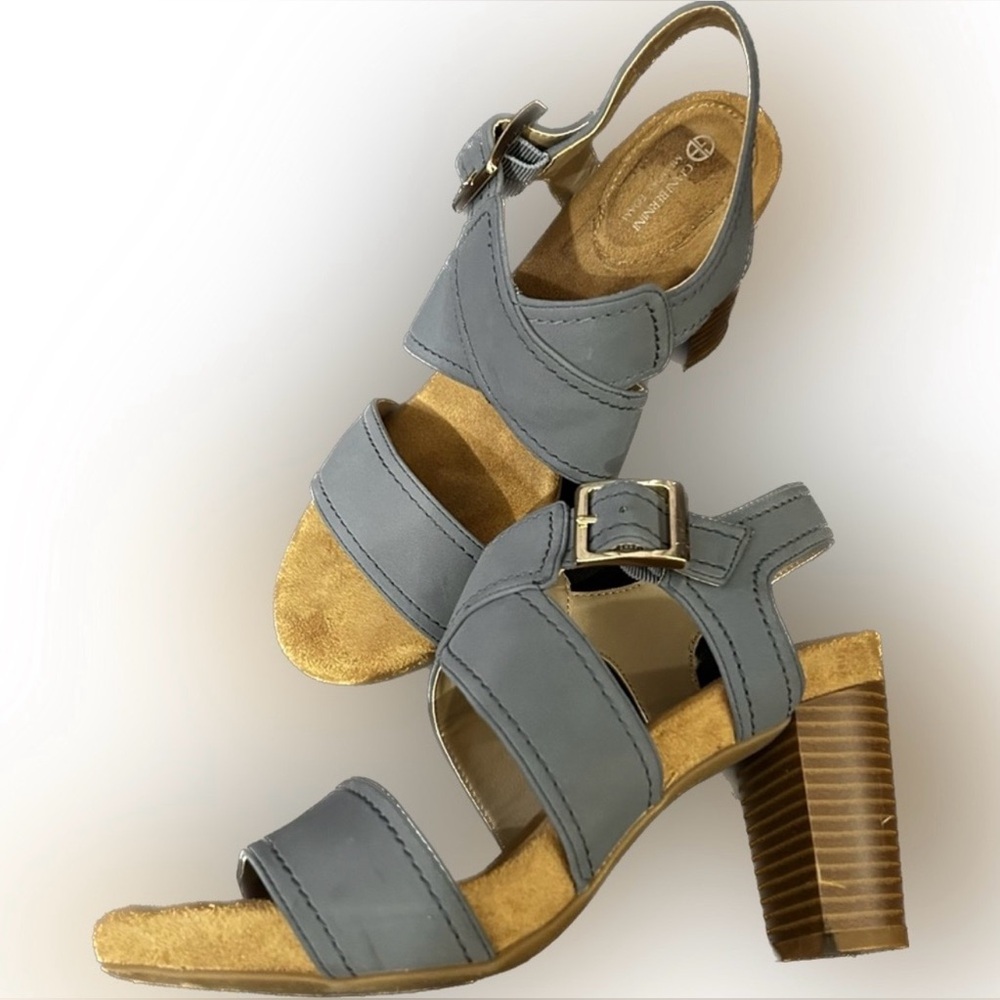 Giani Bernini Blue/Gray Janet Memory Foam Strappy Block Heel Sandals with Buckle